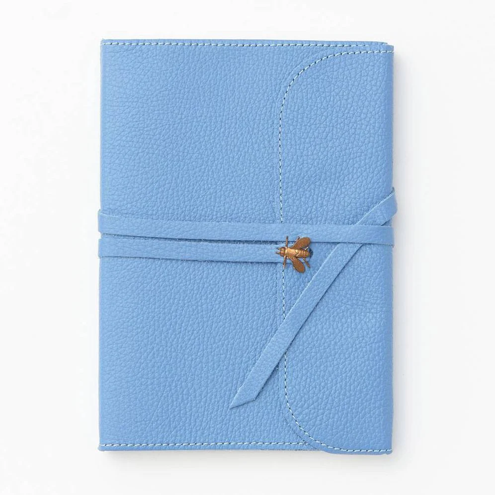 6x8 Avio Leather Journal with lace and Brass Bee ornament and IVORY edges