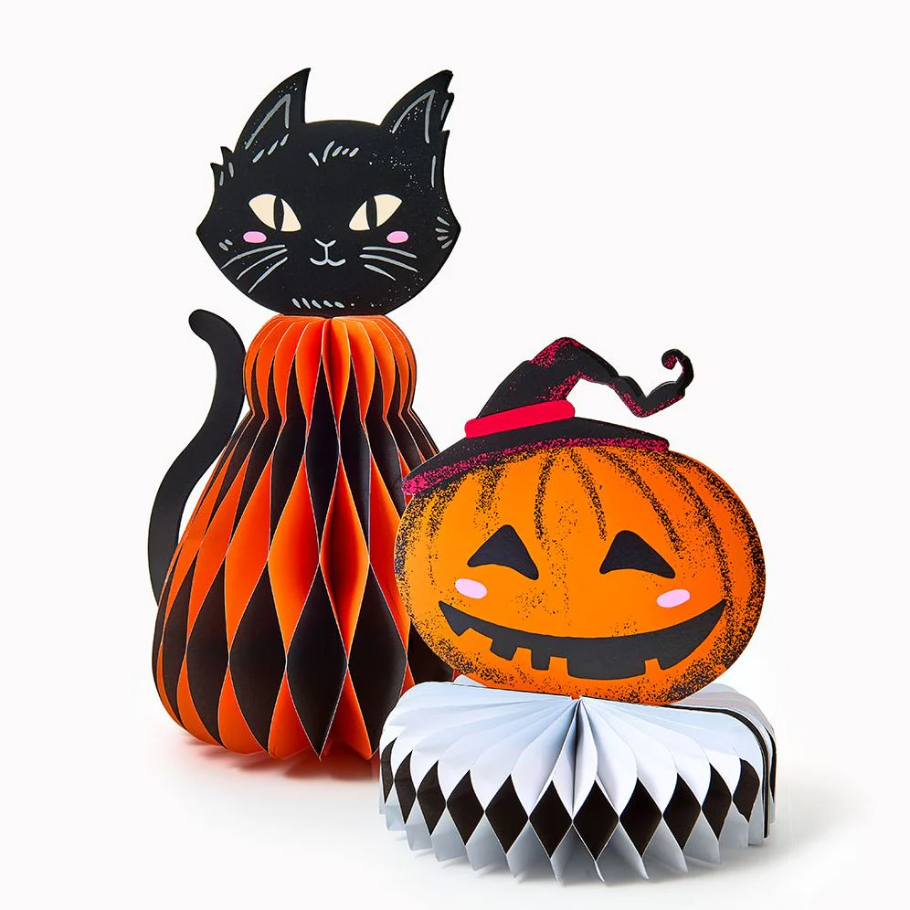 Cat and Pumpkin Honeycomb Table Decor - Image 2