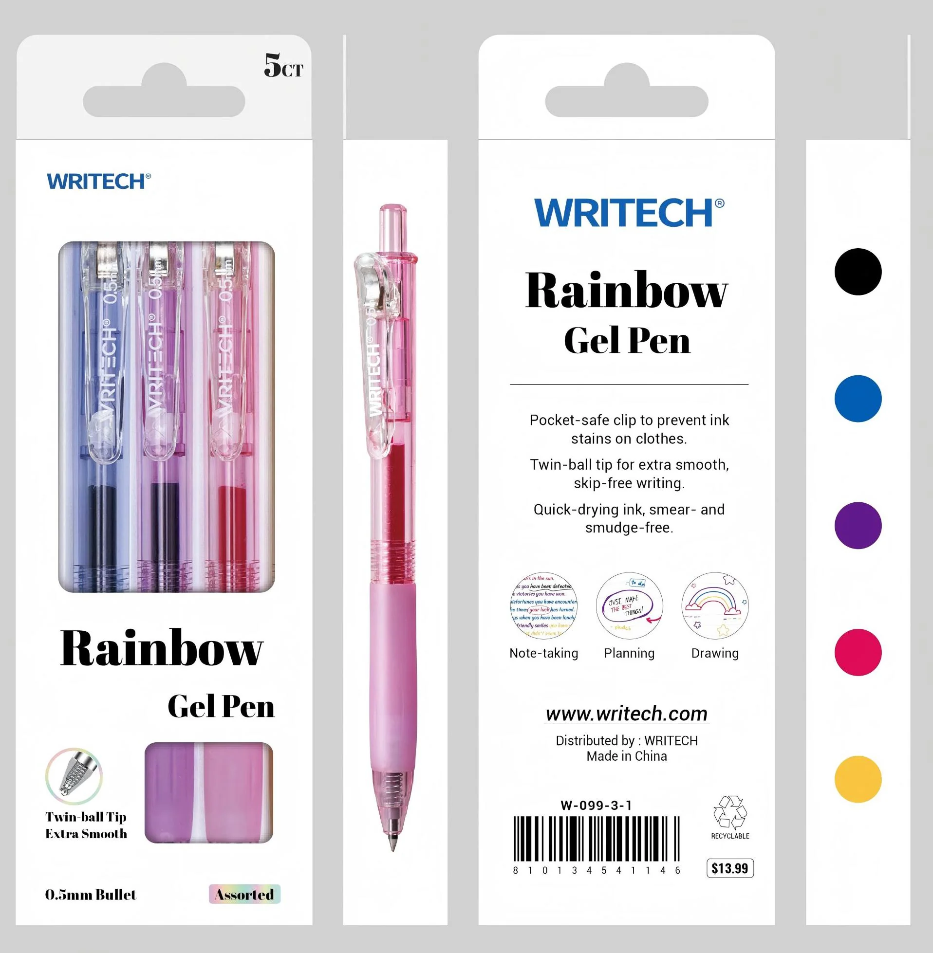 Clear Sherbert Rainbow Gel Pen S/5 - Assorted Ink - Image 2