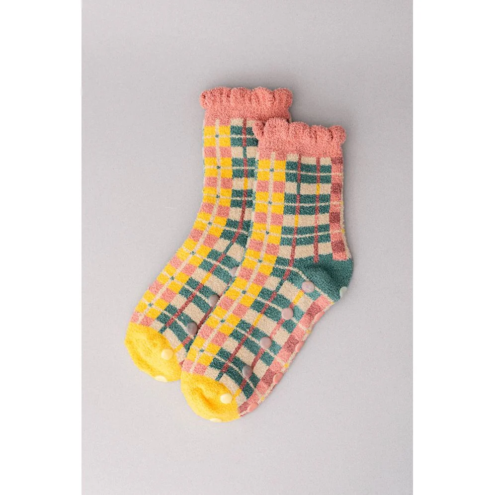 Cozy Grip Socks, Pink Plaid