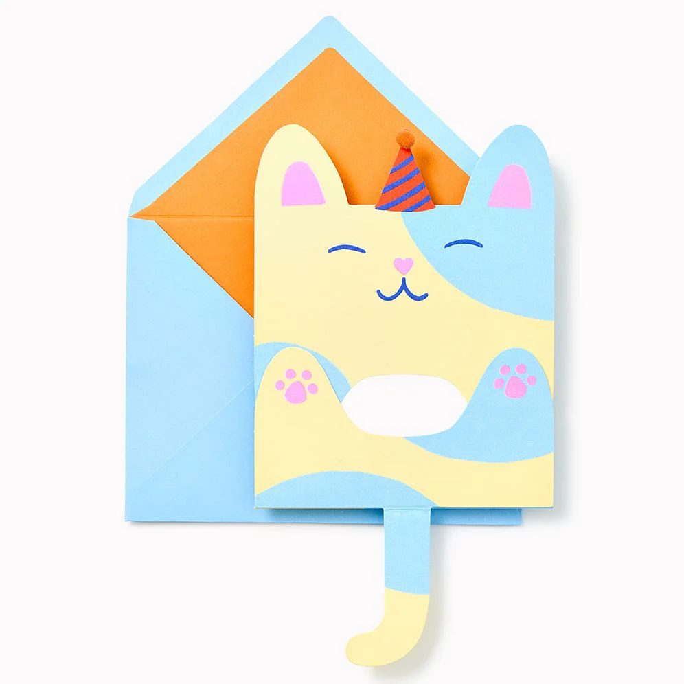 Folding Cat With Party Hat Embellished Birthday Card