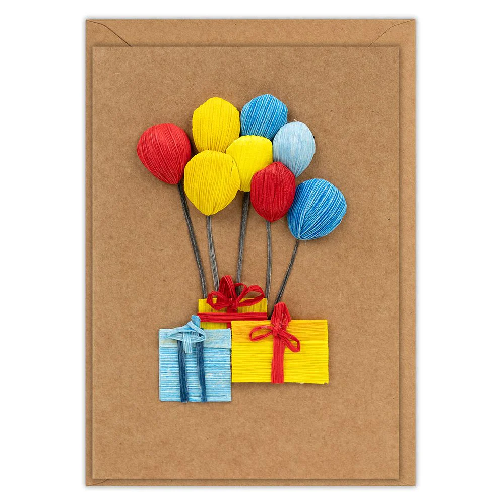 Gifts and Balloons Husk & Heart Birthday Card