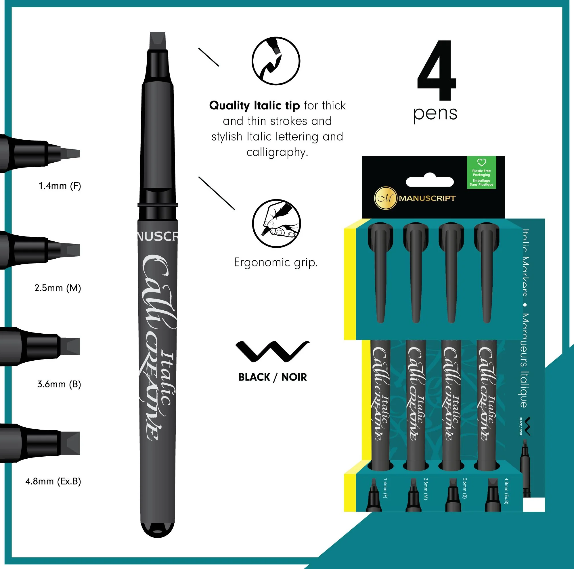 Manuscript Callicreative Italic Markers - pack of 4 - Black - Fine/Medium/Broad/Extra Broad - Image 9