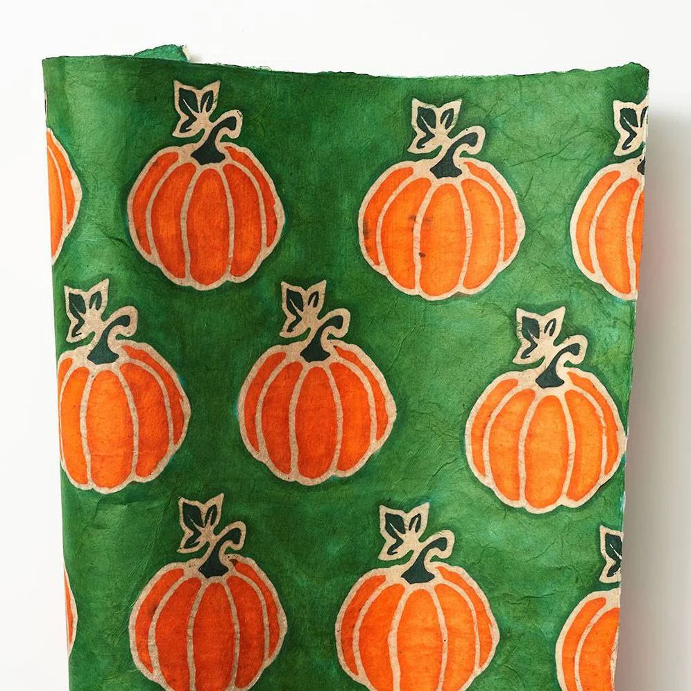 Pumpkin On Green Batik Handmade Paper