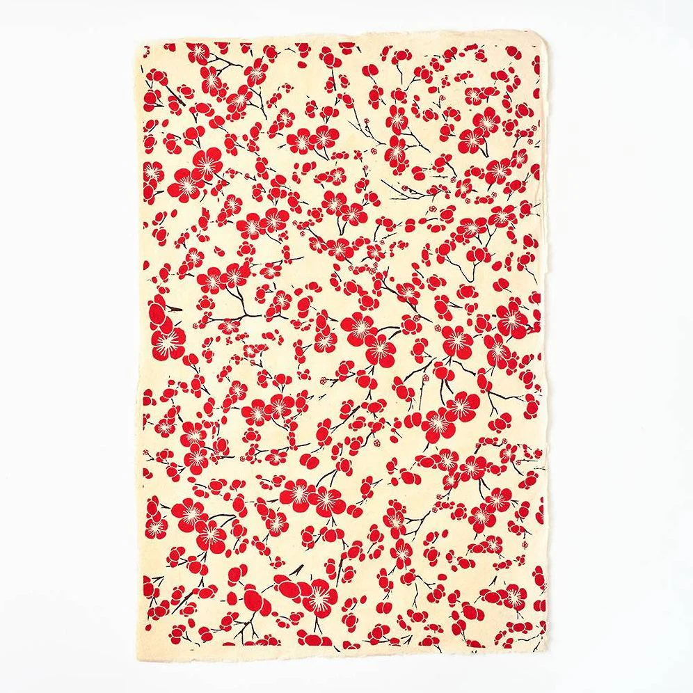 Red Blossoms On Cream Handmade Paper - Image 2