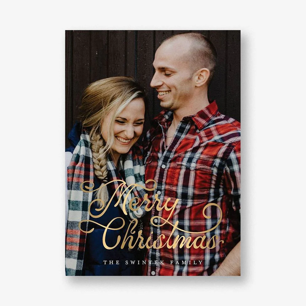 Retro Script Merry Christmas Foil Photo Card