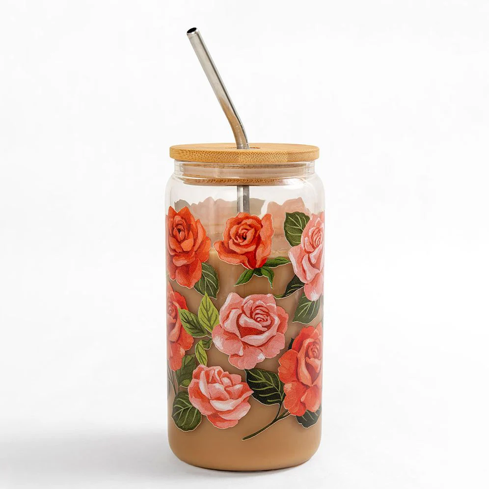 Roses Glass with Straw