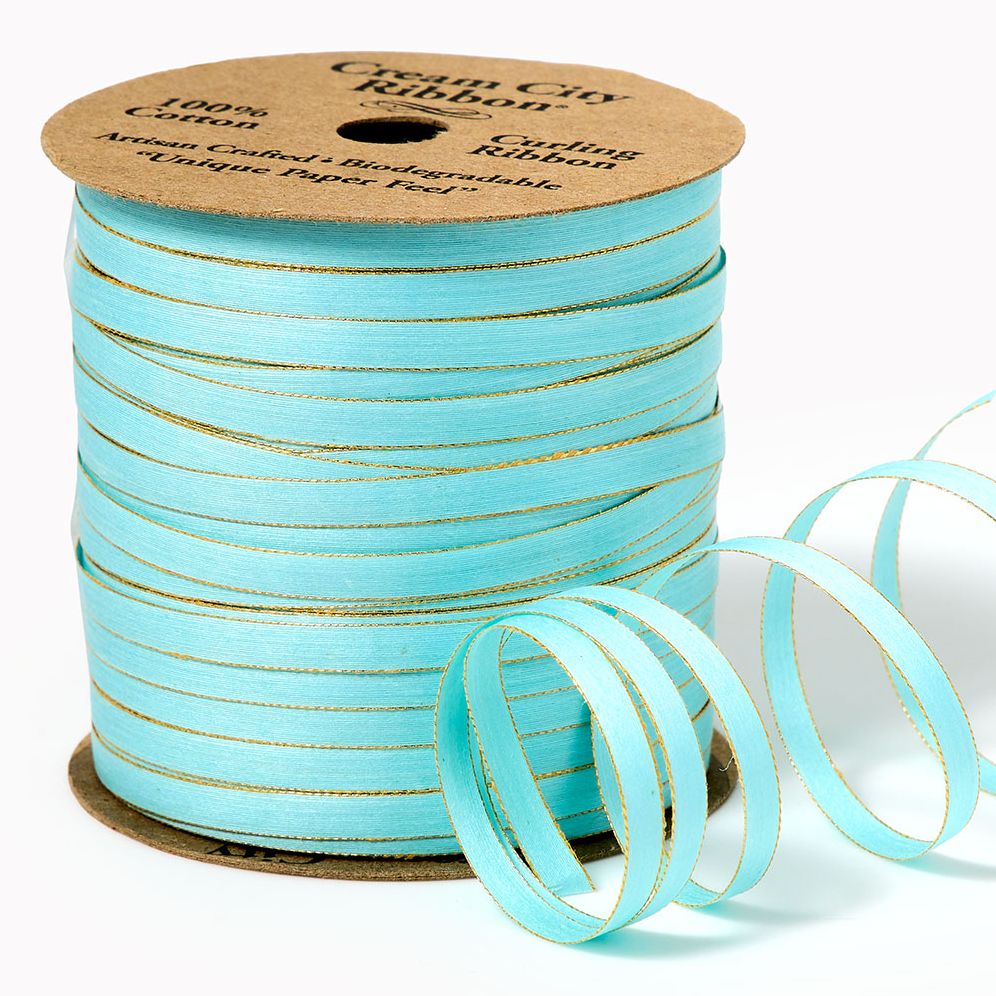 Skinny Cotton Ribbon Sky Blue/Gold 50yd - Image 2