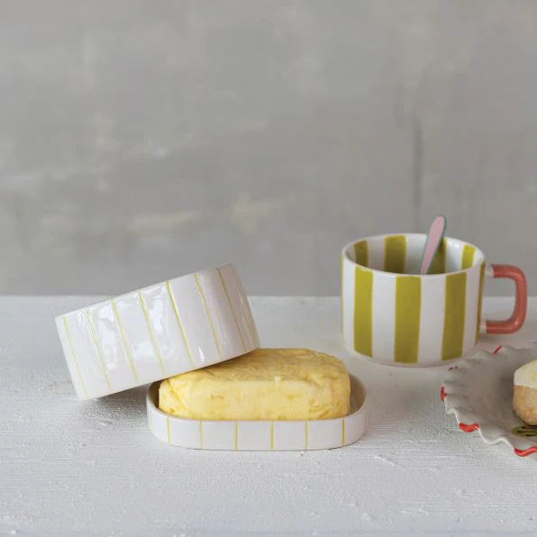 Stoneware Butter Dish w Stripes - Image 2