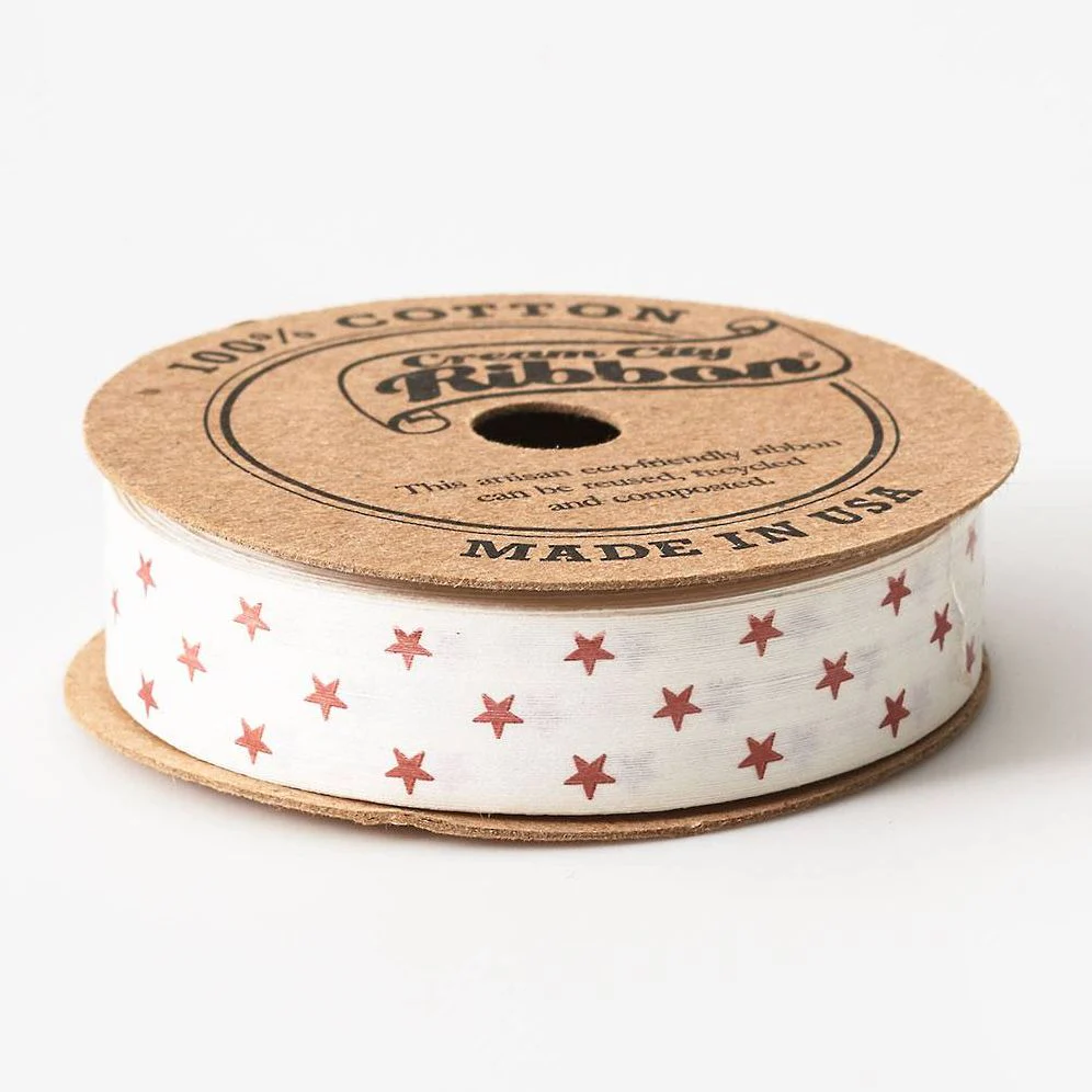 White with Rose Gold Stars Cotton Ribbon 5/8", 10YD